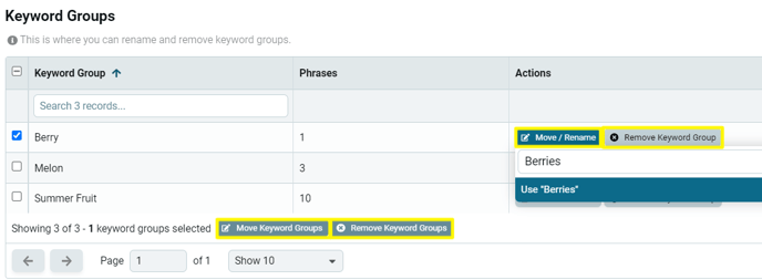 Keyword Groups Table - Manage Keyword Groups