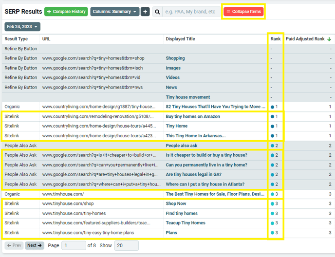 serp results colapse button